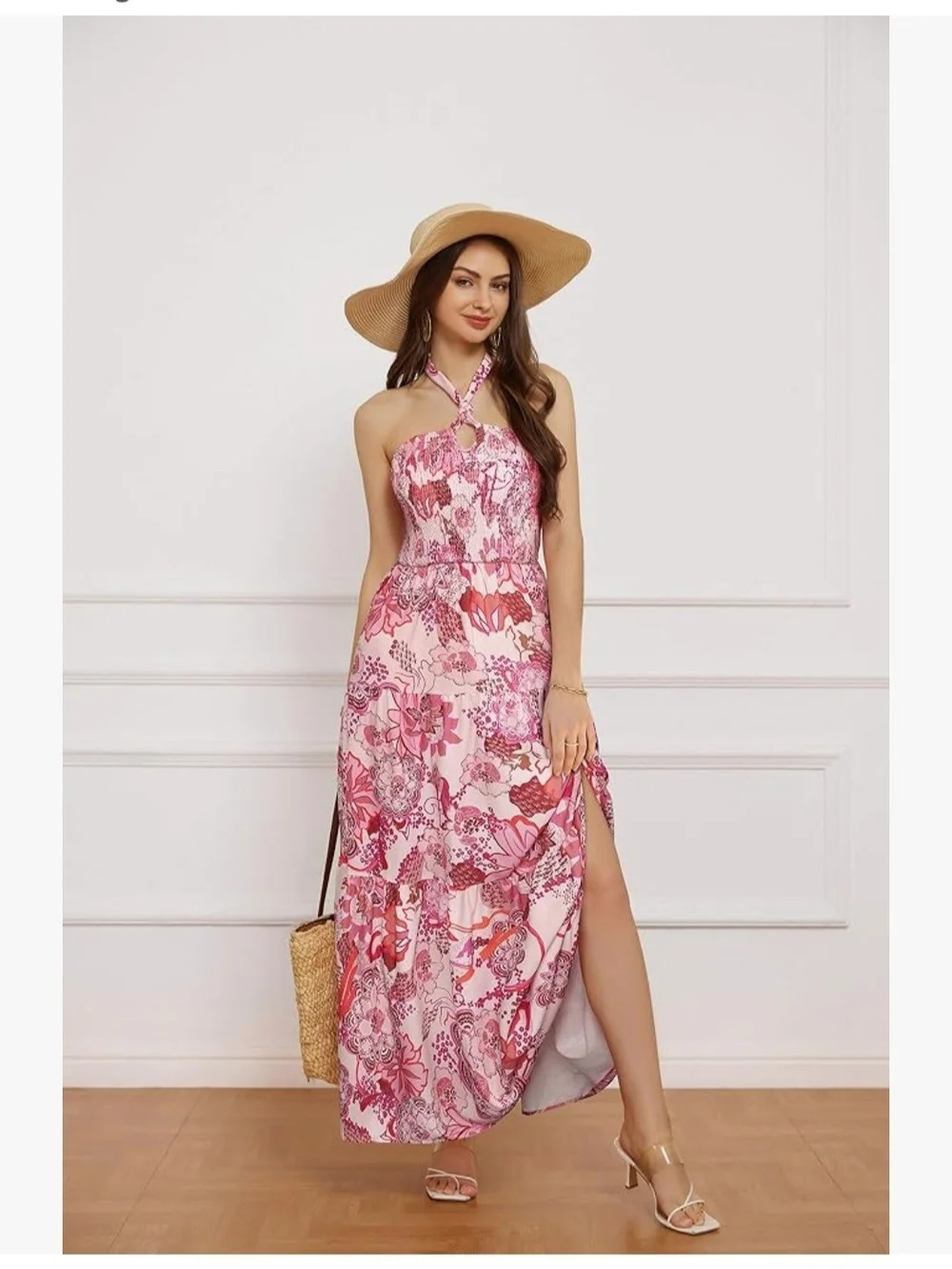 Grace Karin Pink and White Floral Halter Maxi Dress - Picture 1 of 5